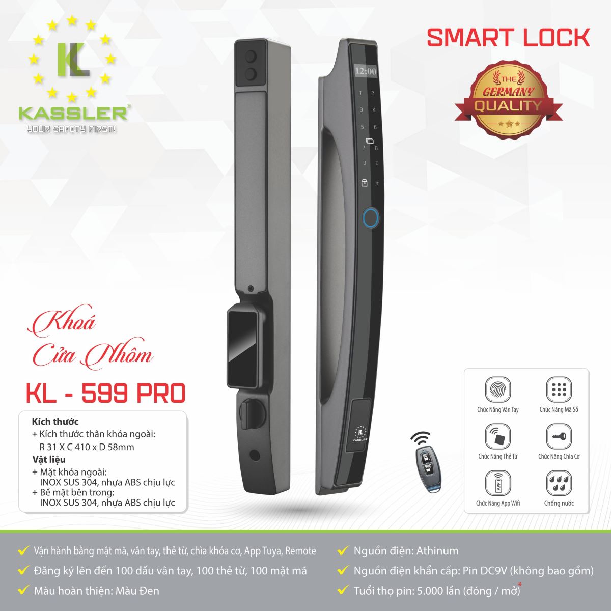 Khóa vân tay cửa nhôm Kassler KL-599 Pro