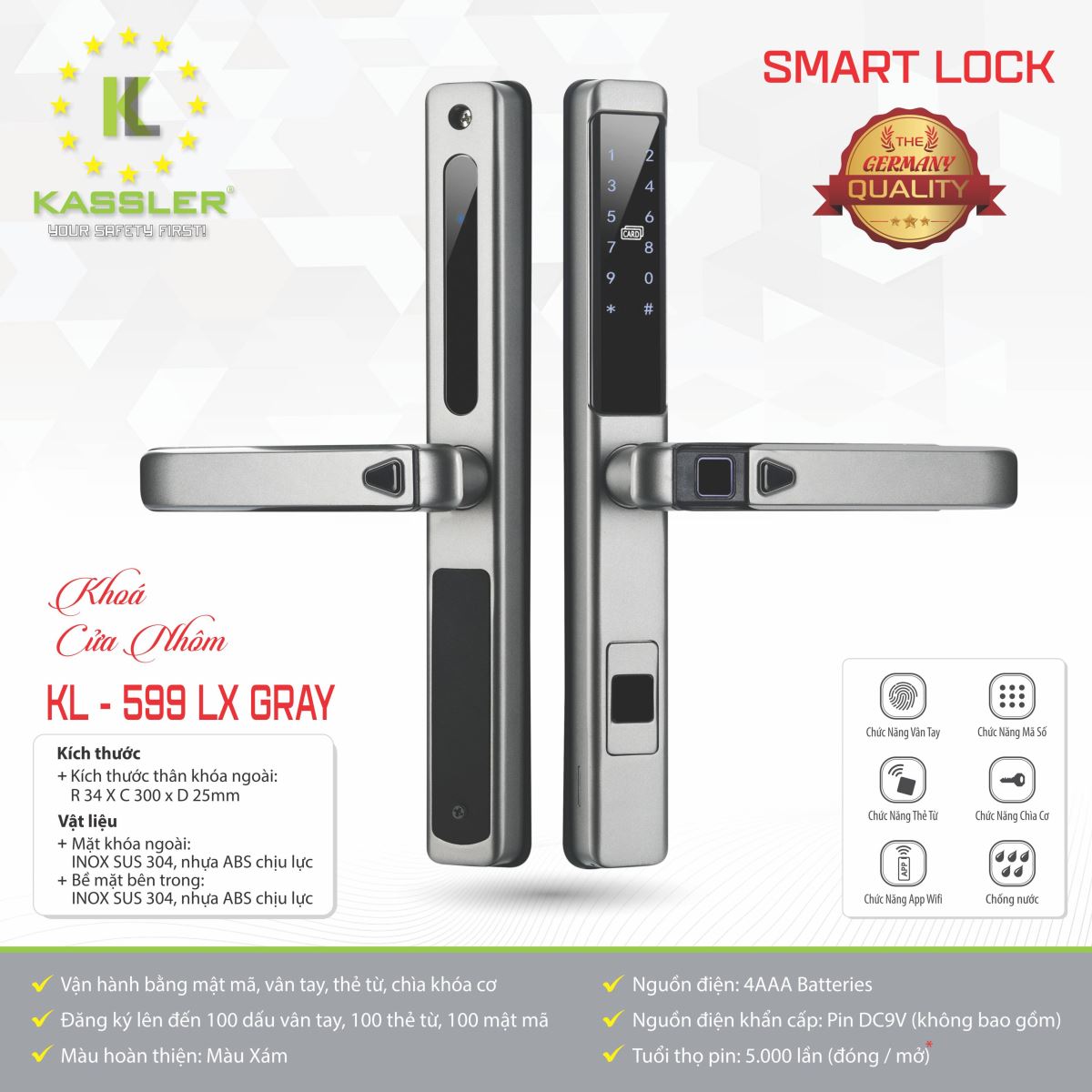 Khóa cửa nhôm Kassler KL599-LX-GRAY