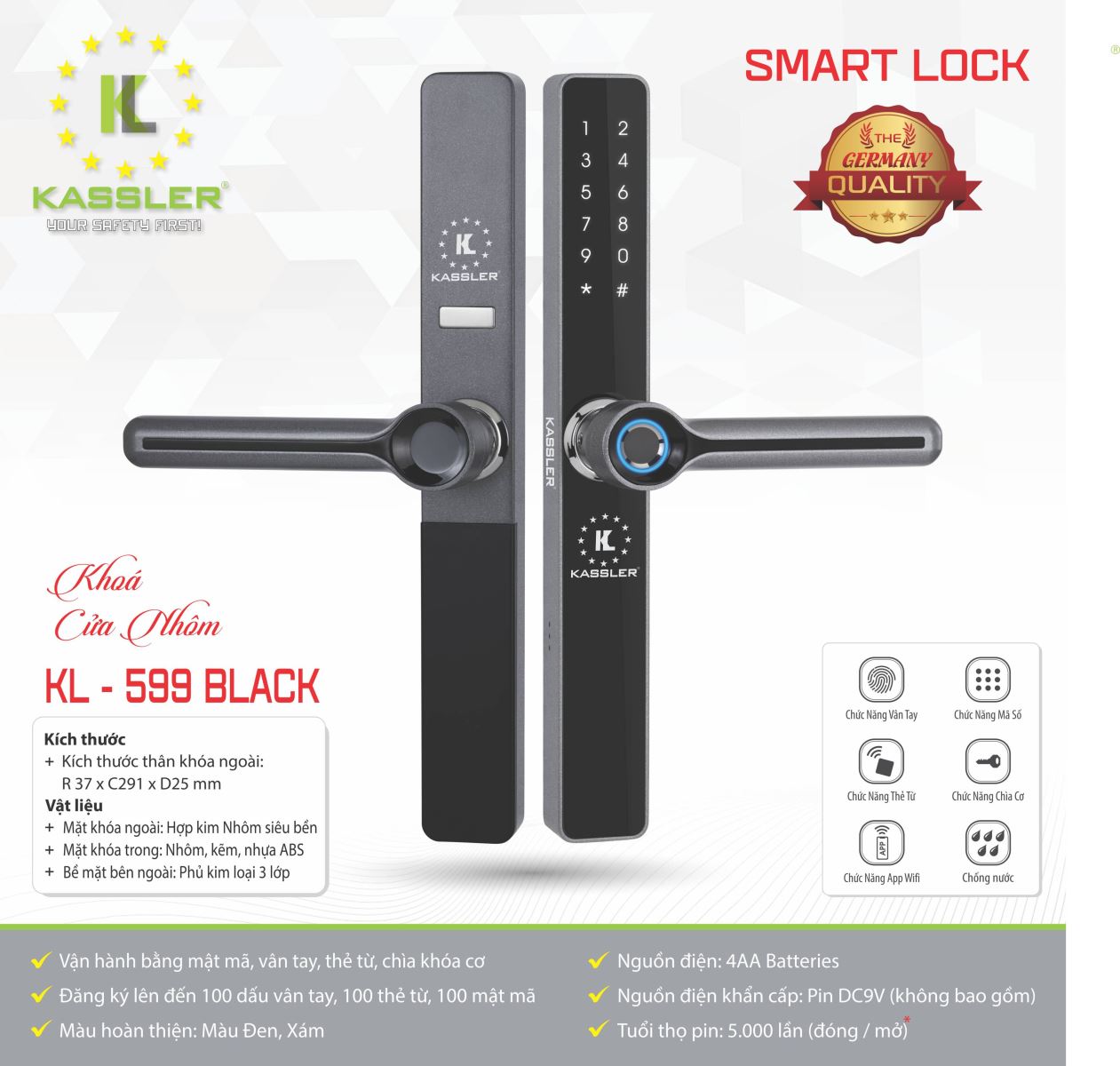 Khóa Cửa Nhôm Kassler KL-599-BLACK