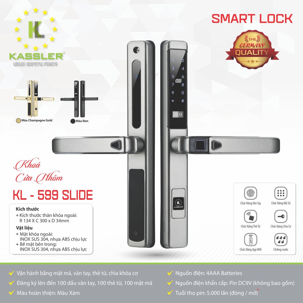 Khóa cửa nhôm Kassler KL599 SLIDE